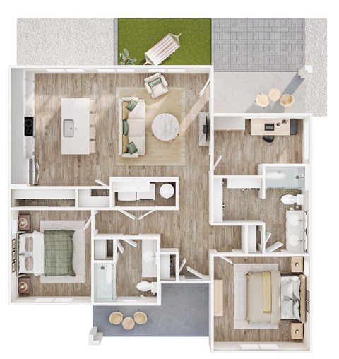 A top-down view of a house layout with a kitchen, living room, and bathrooms.